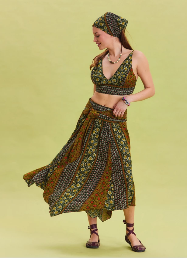 Green Patterned Asymmetrical Skirt with Gipe Detail and Tied Waist 4503